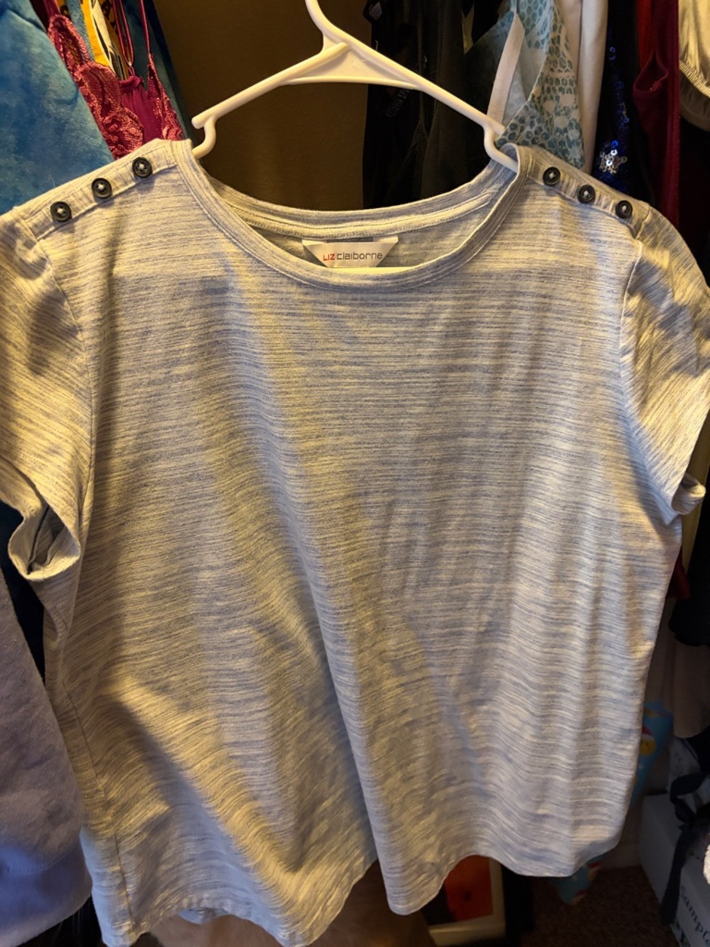 Liz Claiborne Heather Gray Short Sleeve Button-Accent Top